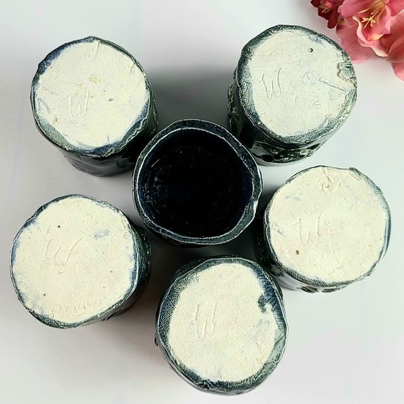 Vintage- Signed - Dark Blue Handmade Stoneware Tea Set with 6 Cups - Picture 6 of 12